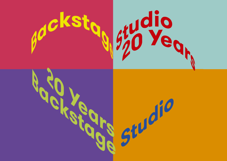 Backstage Studio: 20 Years Anniversary Show Logo. Text in heart form on colored background.